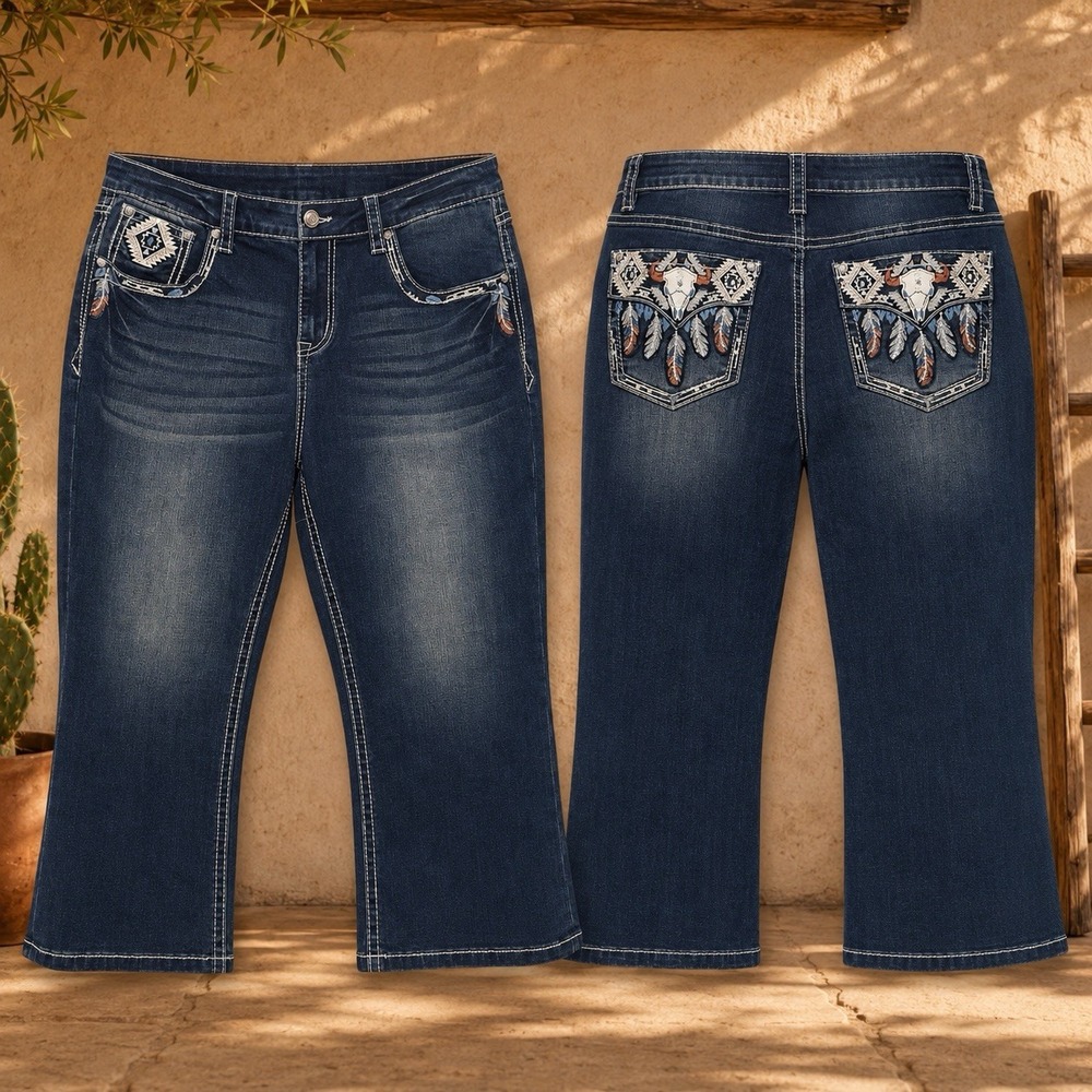 Grace in LA Denim Curvy Capri Blue Jeans Cow Skull Feather Embroidered Sz 18 NWT